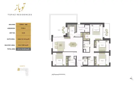 Plattegrond van 4 slaapkamers in Topaz Residences