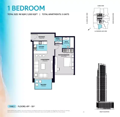 Plattegrond van 1 slaapkamer in S1 Tower