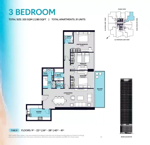 Plattegrond van 3 slaapkamers in S1 Tower