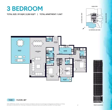 Plattegrond van 3 slaapkamers in S1 Tower