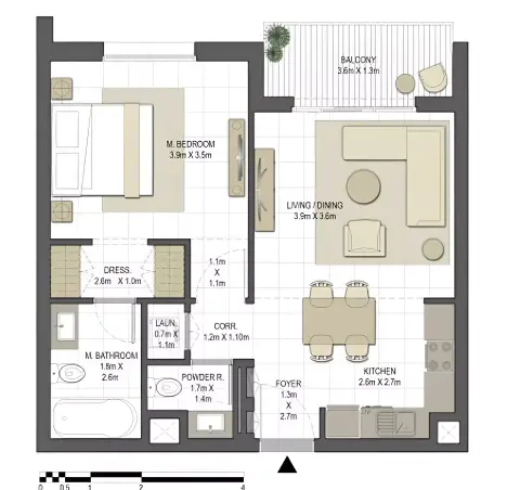 Plattegrond van 1 slaapkamer in Jawaher Residences Phase 2 By Eagle Hills