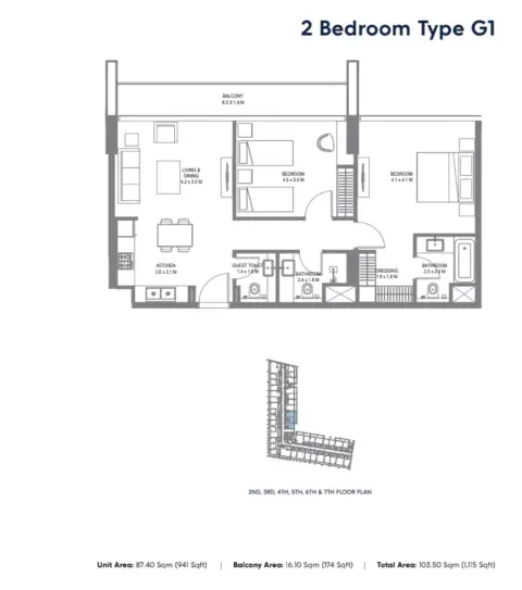 Plattegrond van 2 slaapkamers in Safa 1 By Arada