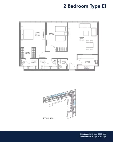 Plattegrond van 2 slaapkamers in The Gate Phase 3 by Arada