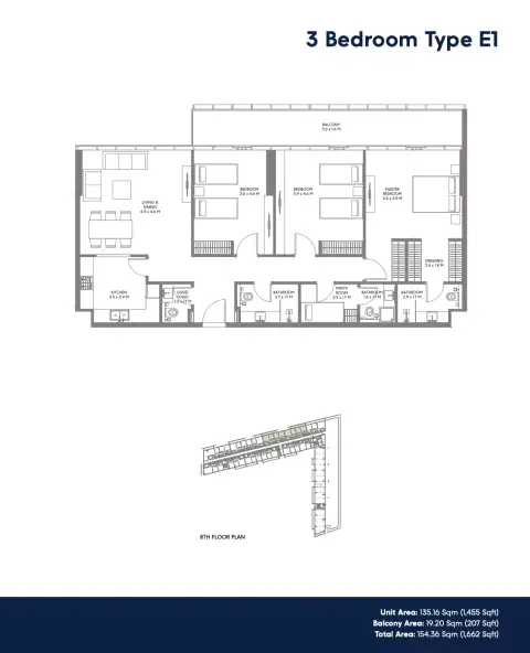 Plattegrond van 3 slaapkamers in The Gate Phase 3 by Arada