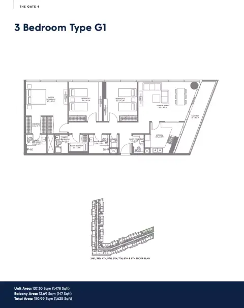 Plattegrond van 3 slaapkamers in The Gate Phase 4 By Arada