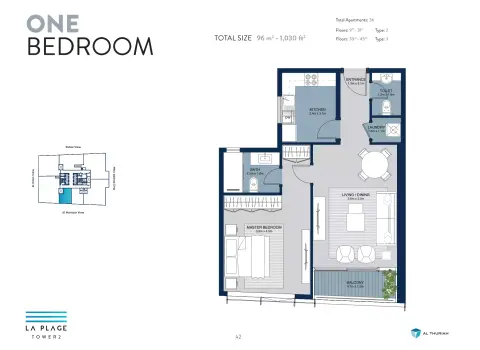 Plattegrond van 1 slaapkamer in La Plage Tower 2