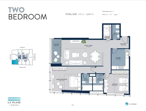 Plattegrond van 2 slaapkamers in La Plage Tower 2
