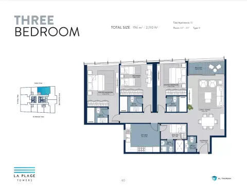Plattegrond van 3 slaapkamers in La Plage Tower 2