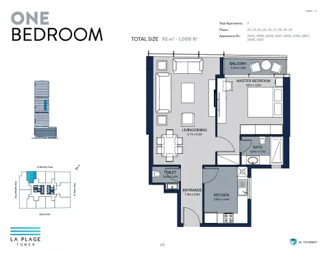 Plattegrond van 1 slaapkamer in La Plage Tower