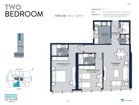 Plattegrond van 2 slaapkamers in La Plage Tower