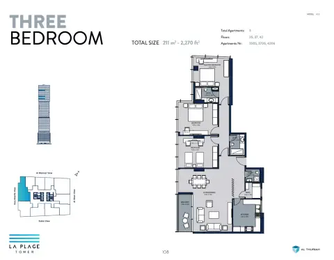 Plattegrond van 3 slaapkamers in La Plage Tower