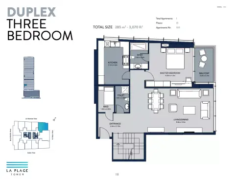Plattegrond van 3 slaapkamers in La Plage Tower