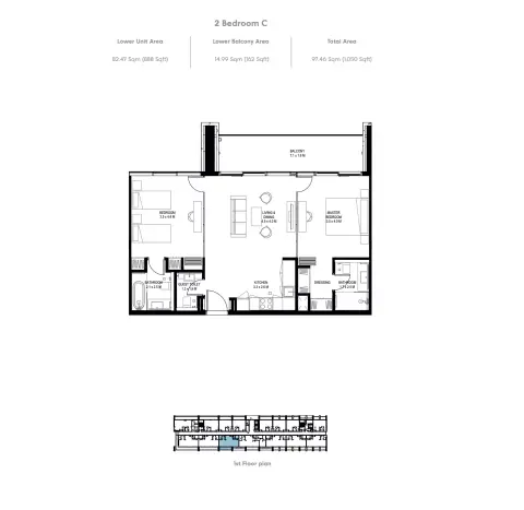 Plattegrond van 2 slaapkamers in IL Teatro