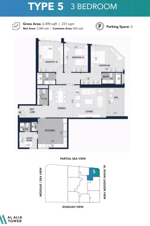 Plattegrond van 3 slaapkamers in Al Alia Tower