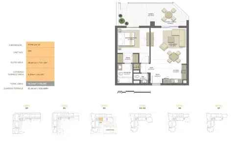 Plattegrond van 1 slaapkamer in Noor Residence