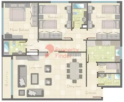 Plattegrond van 3 slaapkamers in Pearl Tower