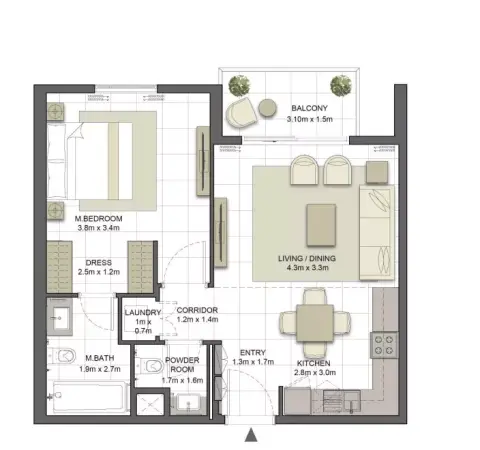 Plattegrond van 1 slaapkamer in Crystal Residences
