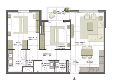 Plattegrond van 2 slaapkamers in Crystal Residences