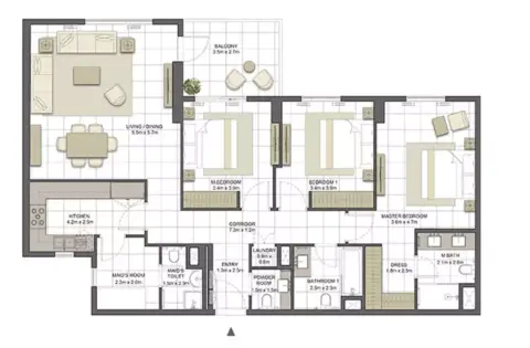 Plattegrond van 3 slaapkamers in Crystal Residences