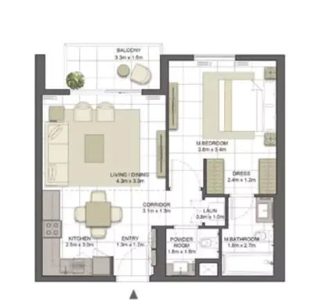 Plattegrond van 1 slaapkamer in Crystal Residences