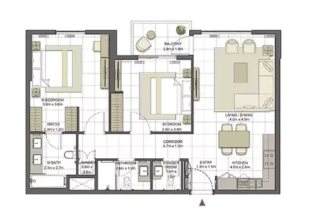 Plattegrond van 2 slaapkamers in Crystal Residences