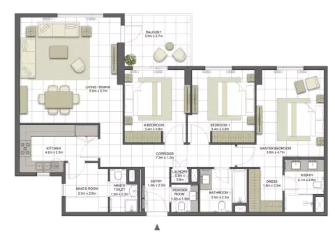 Plattegrond van 3 slaapkamers in Crystal Residences