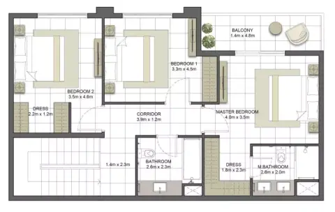 Plattegrond van 3 slaapkamers in Crystal Residences