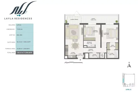 Plattegrond van 2 slaapkamers in Layla Residences