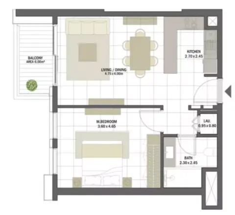 Plattegrond van 1 slaapkamer in Oud Residences