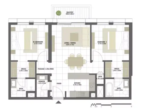 Plattegrond van 2 slaapkamers in Oud Residences
