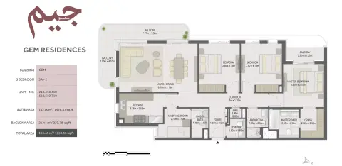 Plattegrond van 3 slaapkamers in GEM Residences