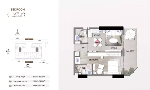 Plattegrond van 1 slaapkamer in Listone Residence