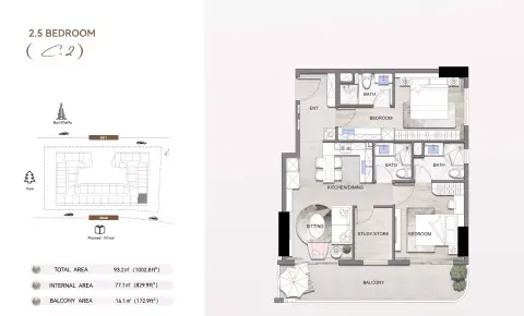 Plattegrond van 3 slaapkamers in Listone Residence