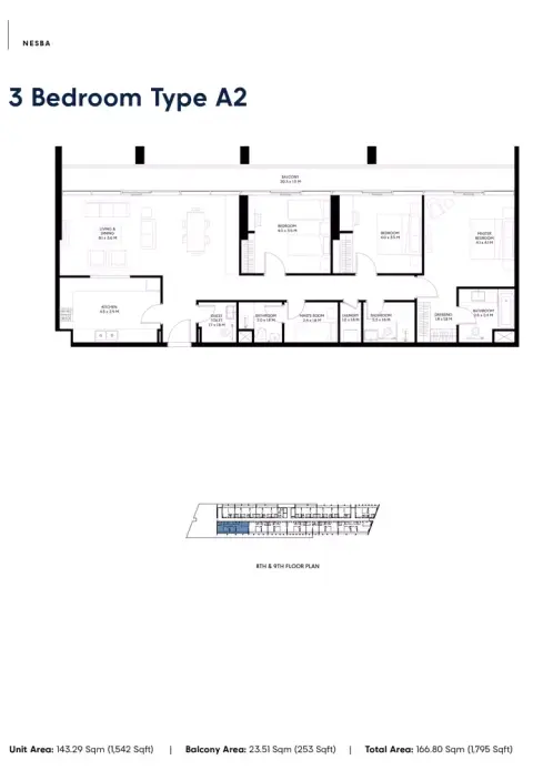 Plattegrond van 3 slaapkamers in Nesba Phase 3 By Arada