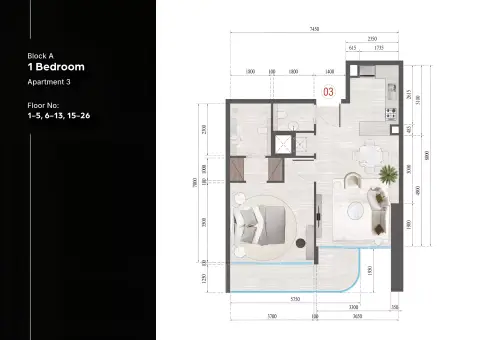Plattegrond van 1 slaapkamer in Guzel Tower By Tiger Group