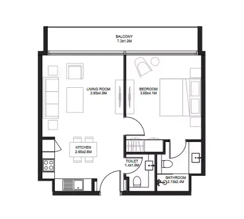 Plattegrond van 1 slaapkamer in Sokoon 2