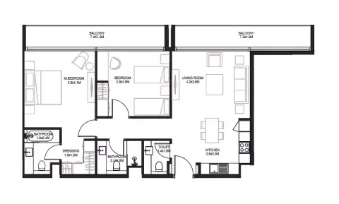 Plattegrond van 2 slaapkamers in Sokoon 2