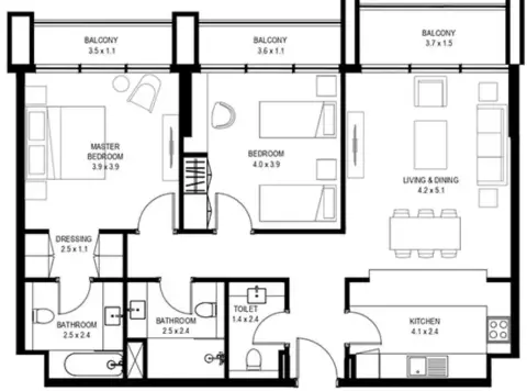 Plattegrond van 2 slaapkamers in Nasaq Phase 2 By Arada