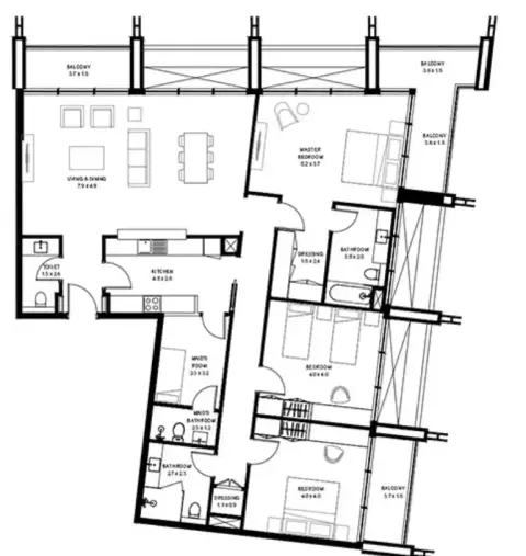 Plattegrond van 3 slaapkamers in Nasaq Phase 2 By Arada