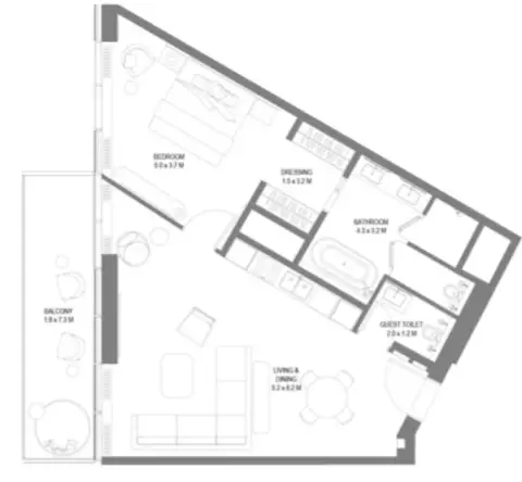 Plattegrond van 1 slaapkamer in Anantara Sharjah Residences