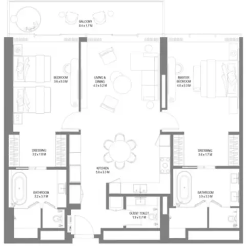 Plattegrond van 2 slaapkamers in Anantara Sharjah Residences