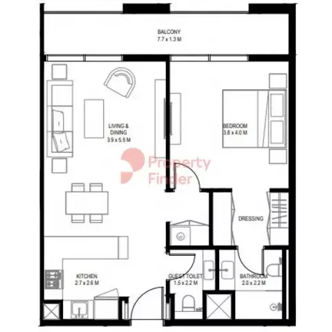 Plattegrond van 1 slaapkamer in Rove Home By Arada