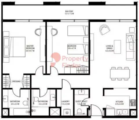 Plattegrond van 2 slaapkamers in Rove Home By Arada