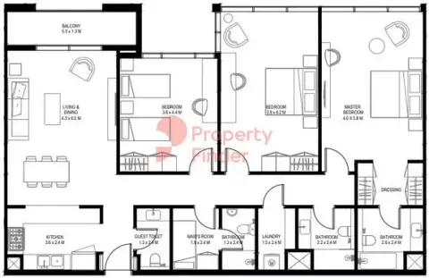 Plattegrond van 3 slaapkamers in Rove Home By Arada
