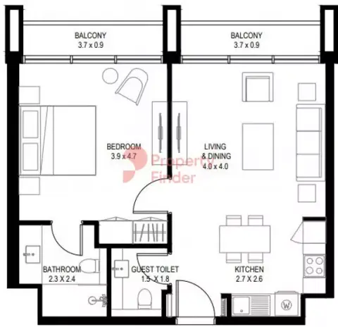 Plattegrond van 1 slaapkamer in Nasaq Phase 4 By Arada