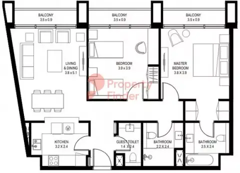 Plattegrond van 2 slaapkamers in Nasaq Phase 4 By Arada