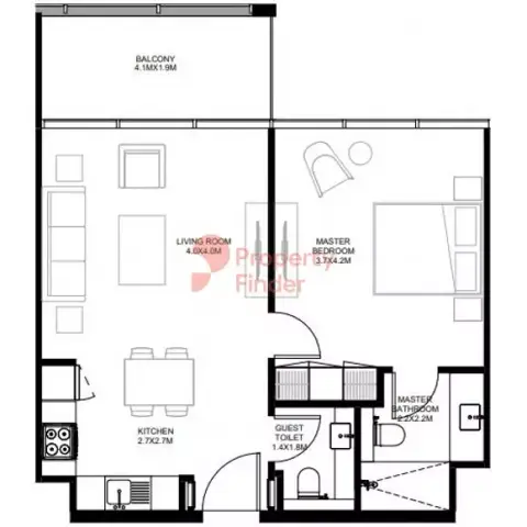 Plattegrond van 1 slaapkamer in The Gate By Arada
