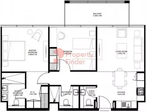 Plattegrond van 2 slaapkamers in The Gate By Arada