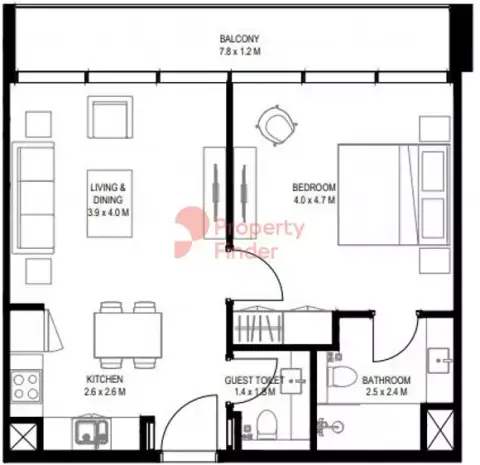 Plattegrond van 1 slaapkamer in Nesba 1 By Arada