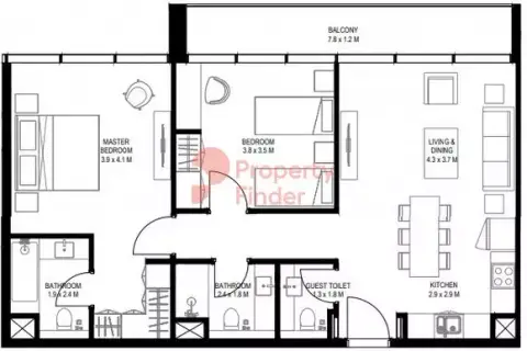 Plattegrond van 2 slaapkamers in Nesba 1 By Arada